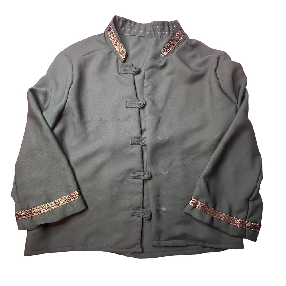 Womens‎ Blouse Extra Large Green Frog Button Mandarin Collar Embroidered Trim